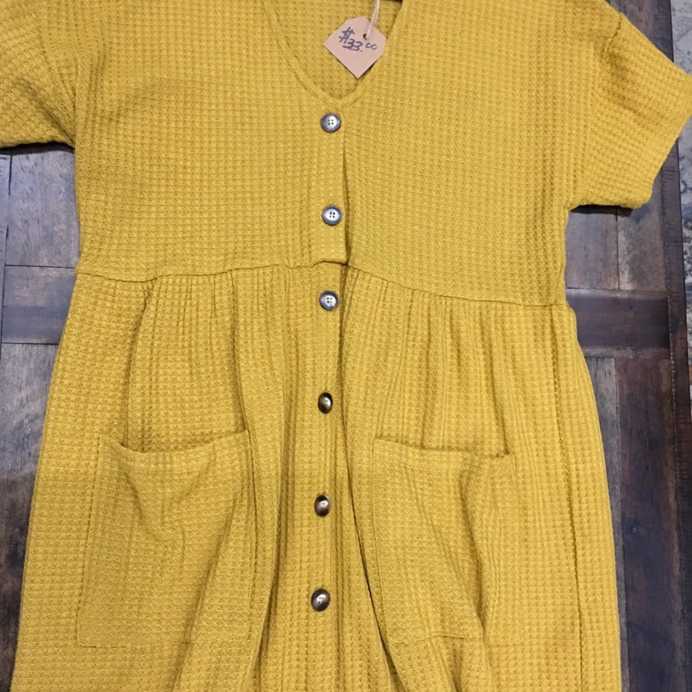 BaeVely Small Brown Mustard Orange Textured Dress with Pockets Button NWT